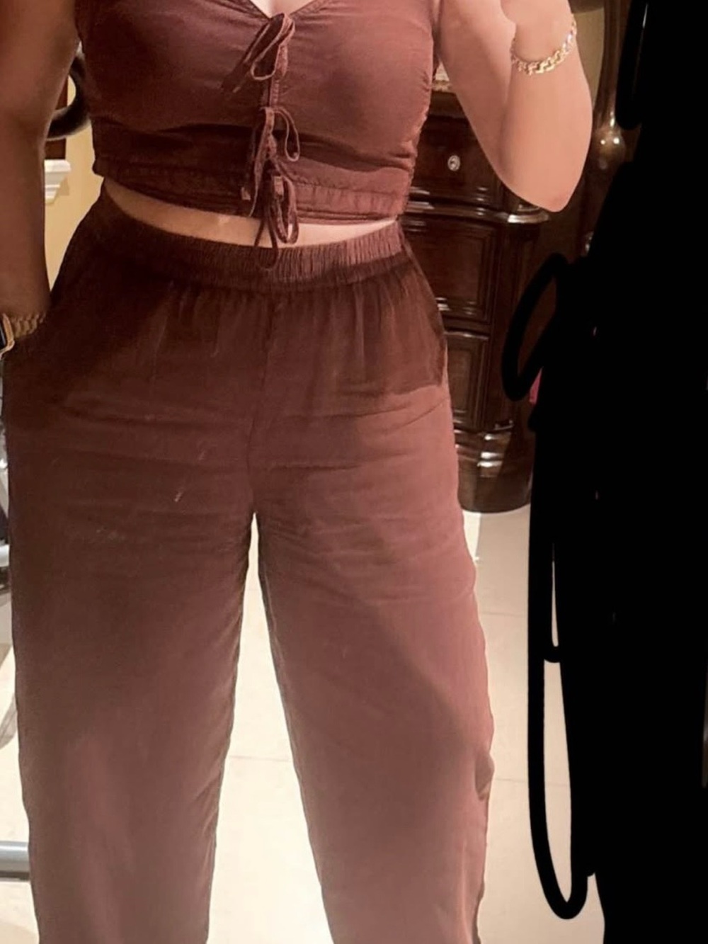Women's High-Waist Wide Leg Pants - Chocolate Brown and halter top